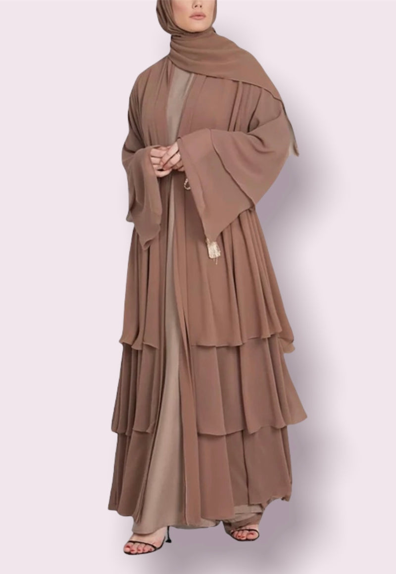 FeelModest Brown Layered Open Abaya with Hijab-Abaya > Dubai Abaya > Modest > Abaya Online > Open Abaya > Closed Abaya > Modanisa > Abayabuth > Abaya UK > Hijab > Muslim Dress > Modest Dress > Grey Abaya > Plain Abaya > FeelModest > Layered Abaya > Black Abaya > Black Hijab-Feelmodest