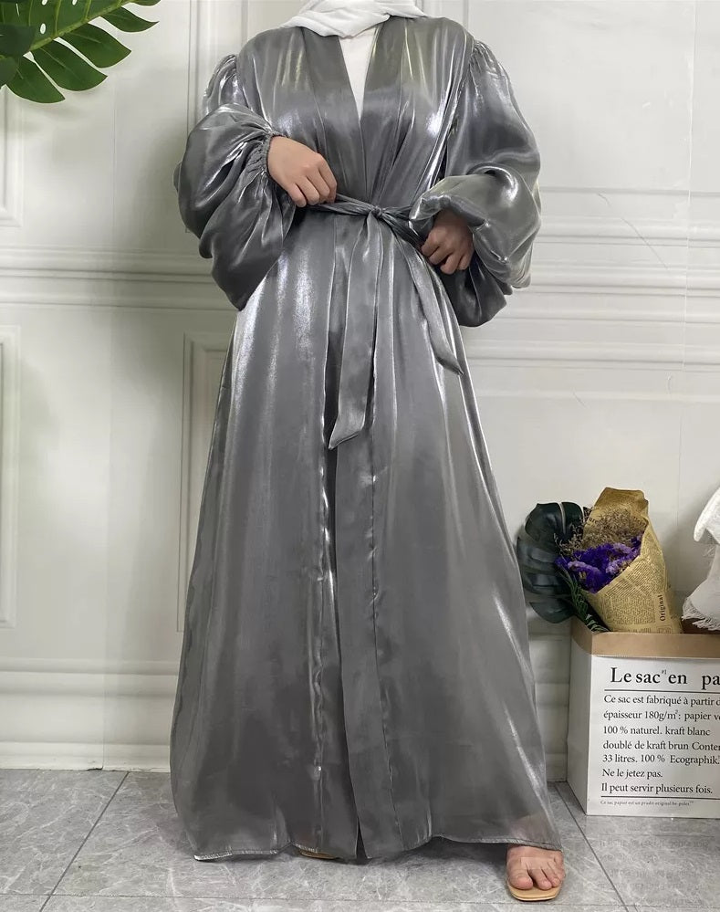 Grey Satin Puff Sleeve Open Abaya-Abaya > Dubai Abaya > Modest > Abaya Online > Open Abaya > Closed Abaya > Modanisa > Abayabuth > Abaya UK > Hijab > Muslim Dress > Modest Dress > Grey Abaya > Plain Abaya > FeelModest > Abaya Buth > White Abaya > Silk Abaya > Puff Sleeve Abaya-Feelmodest