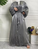 Grey Satin Puff Sleeve Open Abaya