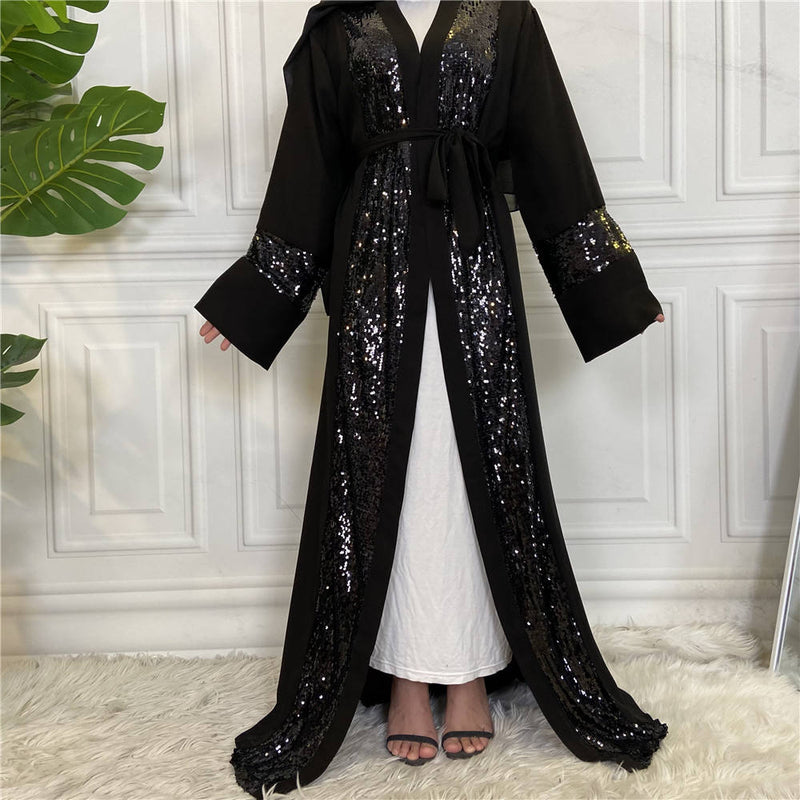 Nida Black Sequin Open Abaya-Abaya > Dubai Abaya > Modest > Abaya Online > Open Abaya > Closed Abaya > Modanisa > Abayabuth > Abaya UK > Hijab > Muslim Dress > Modest Dress > Grey Abaya > Plain Abaya > FeelModest-Feelmodest