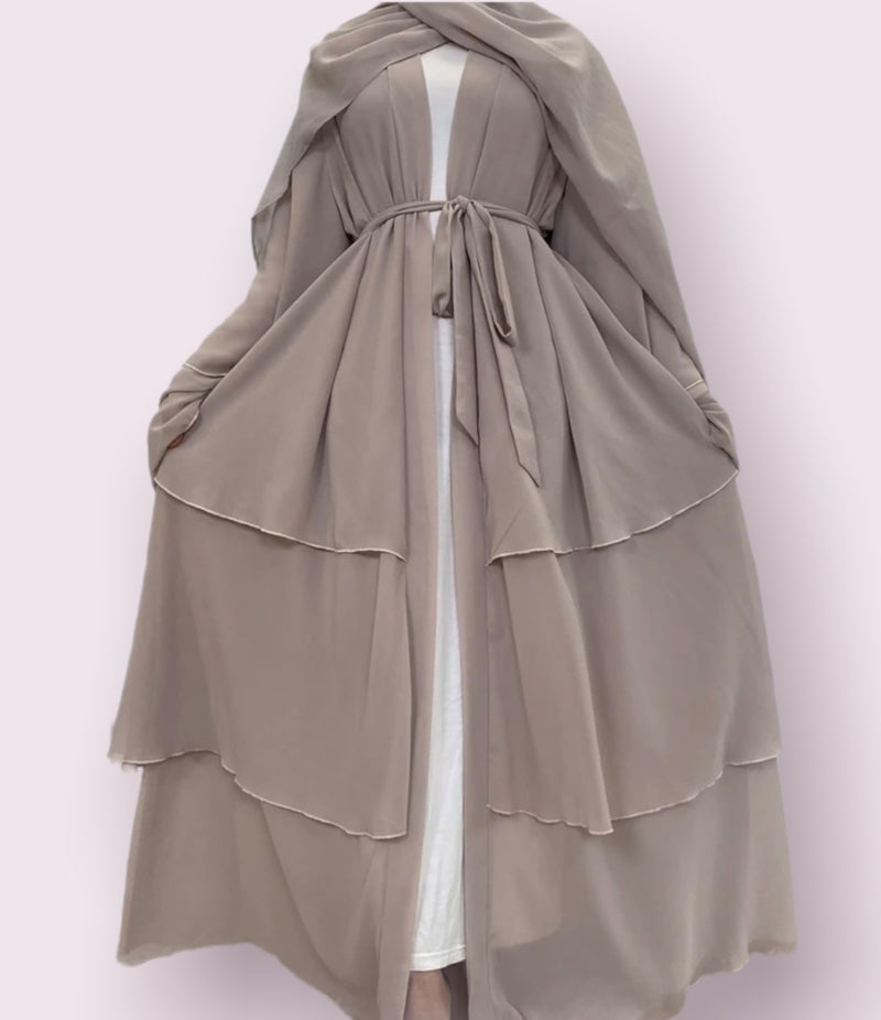 FeelModest Beige Layered Open Abaya with Hijab-Abaya > Dubai Abaya > Modest > Abaya Online > Open Abaya > Closed Abaya > Modanisa > Abayabuth > Abaya UK > Hijab > Abayatopia > Modest Dress > Grey Abaya > Plain Abaya > FeelModest > Layered Abaya > Black Abaya > Black Hijab > Chiffon Abaya-Feelmodest