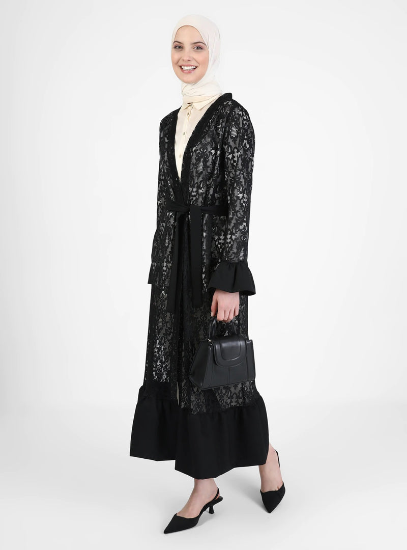 MissKarima Black Lace Open Abaya-Abaya > Dubai Abaya > Modest > Abaya Online > Open Abaya > Closed Abaya > Modanisa > Abayabuth > Abaya UK > Hijab > Muslim Dress > Modest Dress > Grey Abaya > Plain Abaya > FeelModest > Pink Abaya >Eid Outfit > Beige Abaya-Feelmodest