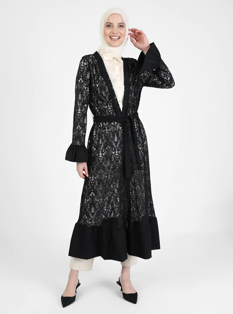 MissKarima Black Lace Open Abaya-Abaya > Dubai Abaya > Modest > Abaya Online > Open Abaya > Closed Abaya > Modanisa > Abayabuth > Abaya UK > Hijab > Muslim Dress > Modest Dress > Grey Abaya > Plain Abaya > FeelModest > Pink Abaya >Eid Outfit > Beige Abaya-Feelmodest