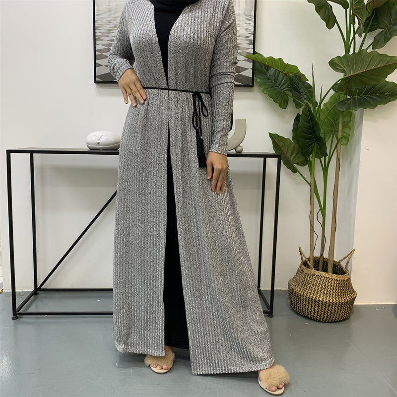 MissAmina Knit Grey Open Abaya-Open Abaya-Feelmodest