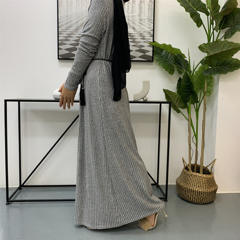 MissAmina Knit Grey Open Abaya-Open Abaya-Feelmodest