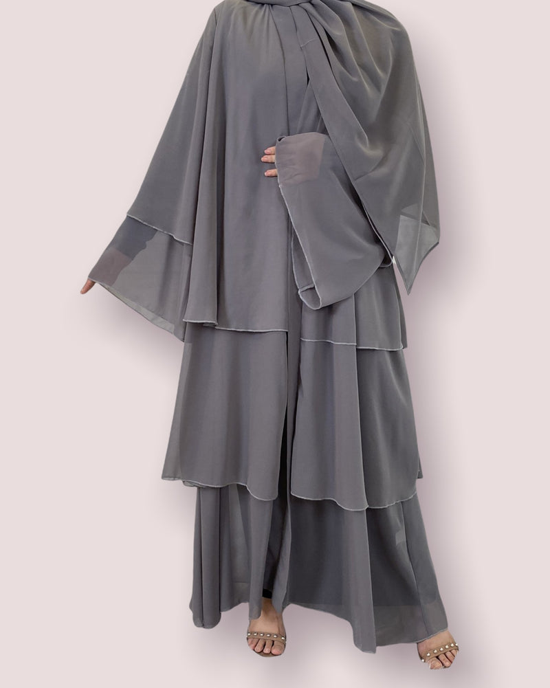 FeelModest Grey Layered Open Abaya with Hijab-Abaya > Dubai Abaya > Modest > Abaya Online > Open Abaya > Closed Abaya > Modanisa > Abayabuth > Abaya UK > Hijab > Muslim Dress > Modest Dress > Grey Abaya > Plain Abaya > FeelModest > Layered Abaya > Black Abaya > Black Hijab > Chiffon Abaya-Feelmodest
