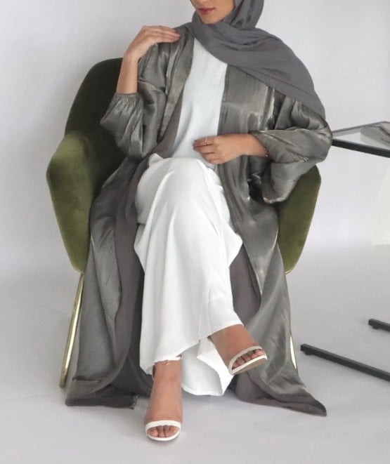 Grey Satin Puff Sleeve Open Abaya-Abaya > Dubai Abaya > Modest > Abaya Online > Open Abaya > Closed Abaya > Modanisa > Abayabuth > Abaya UK > Hijab > Muslim Dress > Modest Dress > Grey Abaya > Plain Abaya > FeelModest > Abaya Buth > White Abaya > Silk Abaya > Puff Sleeve Abaya-Feelmodest