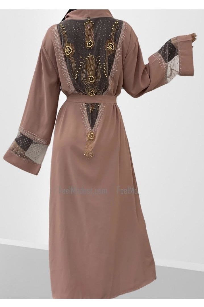 FeelModest Pink Beaded Open Abaya-Abaya-Feelmodest
