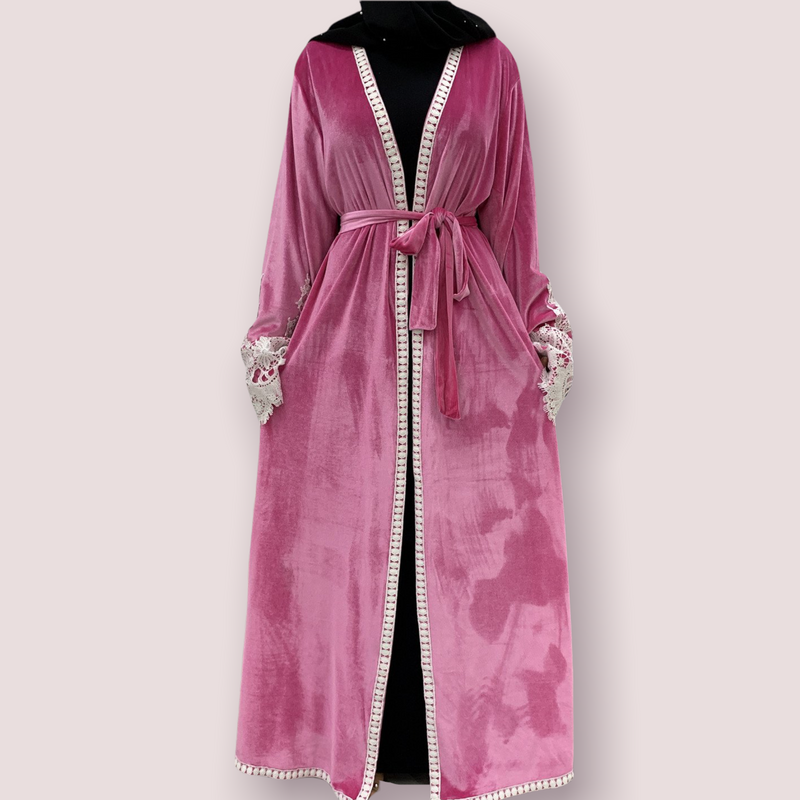 FeelModest Classic Pink Velvet Open Abaya-Abaya > Dubai Abaya > Modest > Abaya Online > Open Abaya > Closed Abaya > Modanisa > Abayabuth > Abaya UK > Hijab > Muslim Dress > Modest Dress > Grey Abaya > Plain Abaya > FeelModest-Feelmodest
