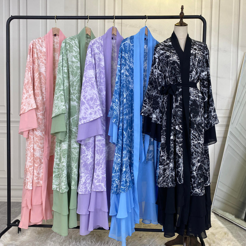 MissModesty Tie Dye 3 Layered Open Abaya With White Bodycon Dress-Abaya > Dubai Abaya > Modest > Abaya Online > Open Abaya > Closed Abaya > Modanisa > Abayabuth > Abaya UK > Hijab > Muslim Dress > Modest Dress > Grey Abaya > Plain Abaya > FeelModest > Layered Abaya > Tie Dye Abaya > Chiffon Abaya > Cheap Abaya-Feelmodest