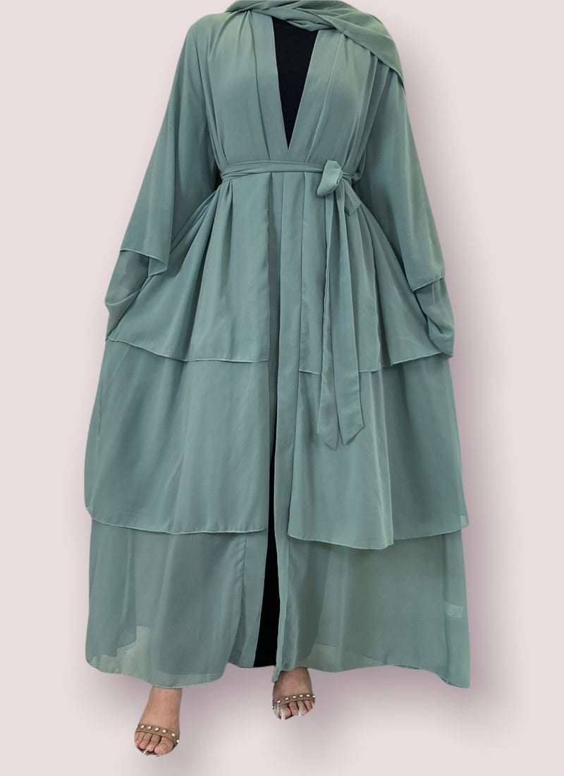 FeelModest Mint Layered Open Abaya with Hijab-Abaya > Dubai Abaya > Modest > Abaya Online > Open Abaya > Closed Abaya > Modanisa > Abayabuth > Abaya UK > Hijab > Muslim Dress > Modest Dress > Grey Abaya > Plain Abaya > FeelModest > Layered Abaya > Black Abaya > Black Hijab-Feelmodest