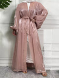 Silk Satin Puff Sleeve Pink Open Abaya
