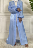Silk Satin Puff Sleeve Sky Blue Open Abaya