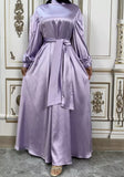 Purple Satin Tie Sleeve Closed Abaya